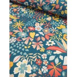 Tissu cretonne - GRANDE LARGEUR - Fleurs bleu - x10cm