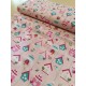 Tissu cretonne - Maisonnettes oiseaux fond rose - x10cm